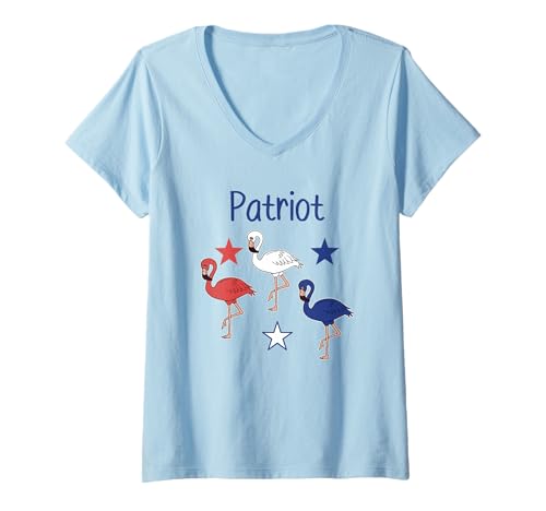Damen USA Patriot Flamingo Sterne Streifen Neuheit Bekleidung T-Shirt mit V-Ausschnitt Damen USA Patriot Flamingo Sterne Streifen Neuheit Bekleidung T-Shirt mit V-Ausschnitt von Patriotic Pink Flamingo Red-White-Blue-Tycoon Tees
