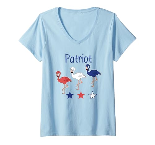 Damen USA Patriot Flamingo Sterne Streifen Neuheit Bekleidung T-Shirt mit V-Ausschnitt Damen USA Patriot Flamingo Sterne Streifen Neuheit Bekleidung T-Shirt mit V-Ausschnitt von Patriotic Pink Flamingo Red-White-Blue-Tycoon Tees