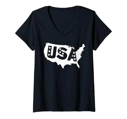 Damen USA-Karte Sterne auffällige Grafik T-Shirt mit V-Ausschnitt Damen USA-Karte Sterne auffällige Grafik T-Shirt mit V-Ausschnitt von Patriotic Prints Co