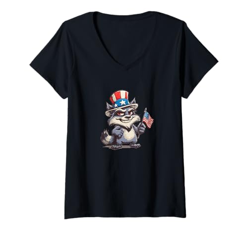 Damen Amerika Waschbär Kostüm T-Shirt mit V-Ausschnitt von Patriotic Raccoon Outfit