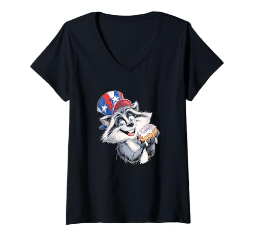 Damen Cartoon Waschbär mit Happy Donut Look T-Shirt mit V-Ausschnitt von Patriotic Raccoon Outfit