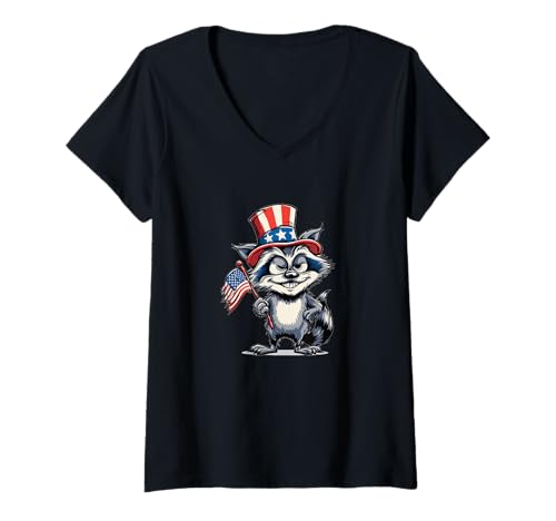 Damen Lächelnder Waschbär mit US-Flagge Kostüm T-Shirt mit V-Ausschnitt Damen Lächelnder Waschbär mit US-Flagge Kostüm T-Shirt mit V-Ausschnitt von Patriotic Raccoon Outfit