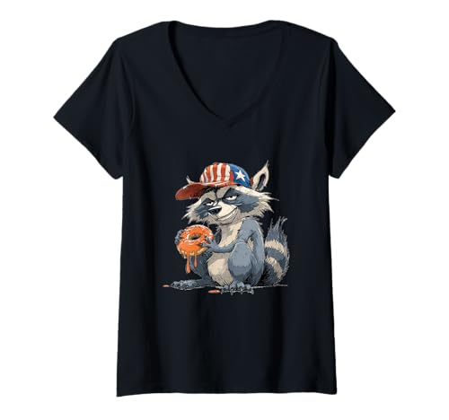 Damen Lustiger gieriger Waschbär mit US-Kappe T-Shirt mit V-Ausschnitt Damen Lustiger gieriger Waschbär mit US-Kappe T-Shirt mit V-Ausschnitt von Patriotic Raccoon Outfit