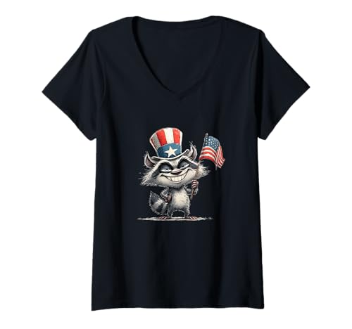 Damen Netter US-Cartoon-Waschbär T-Shirt mit V-Ausschnitt von Patriotic Raccoon Outfit