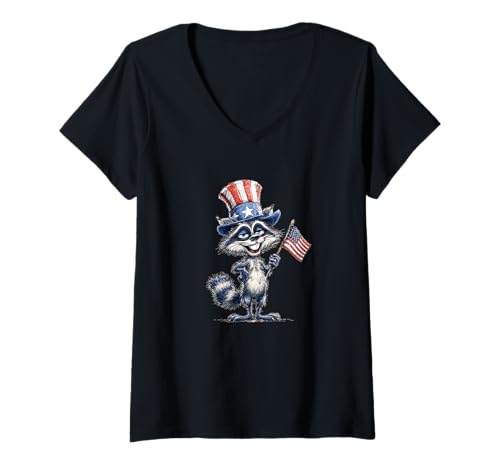 Damen Smug Waschbär in US-Farben Kostüm T-Shirt mit V-Ausschnitt von Patriotic Raccoon Outfit