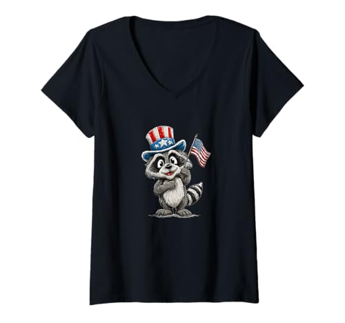 Damen Süßes Waschbär-Kostüm für US-Erwachsene und Kinder T-Shirt mit V-Ausschnitt von Patriotic Raccoon Outfit