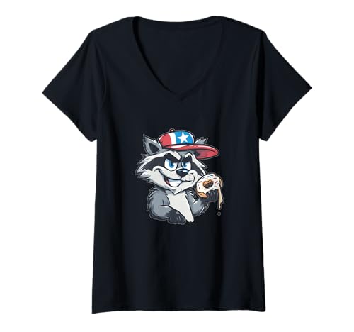 Damen USA Waschbär Donut Kostüm T-Shirt mit V-Ausschnitt von Patriotic Raccoon Outfit