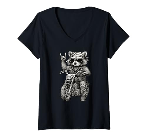 Damen Patriotischer Waschbär Lover Rock Sign Retro US Biker Racoon T-Shirt mit V-Ausschnitt von Patriotic Racoon Biker Cute Funny Rocking Raccoon