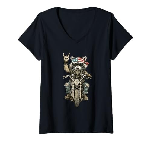 Damen Patriotischer Waschbär Lover Rock Sign Retro US Biker Racoon T-Shirt mit V-Ausschnitt von Patriotic Racoon Biker Cute Funny Rocking Raccoon
