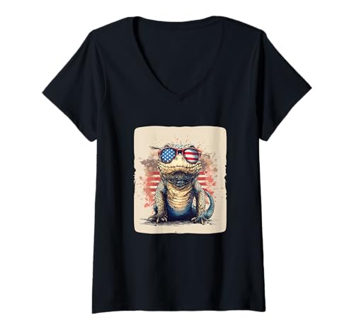 Damen Lustige Reptilien mit Amerika Sonnenbrille für Leguan und Eidechse T-Shirt mit V-Ausschnitt von Patriotic Reptile Outfit