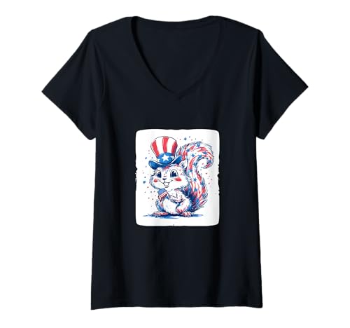 Damen Lustige US-Farben mit Eichhörnchen und Zylinderhut T-Shirt mit V-Ausschnitt von Patriotic Squirrel Outfit