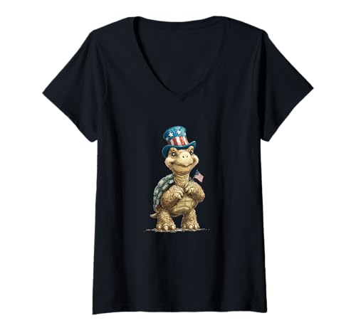 Damen Kostüm „Old America Turtle“ mit US-Flagge T-Shirt mit V-Ausschnitt von Patriotic Turtle Outfit