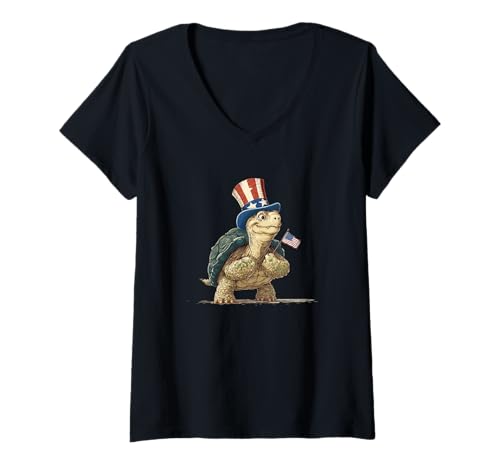 Damen Lustig aussehende Schildkröte in Amerika Kleidung und US-Farben T-Shirt mit V-Ausschnitt von Patriotic Turtle Outfit