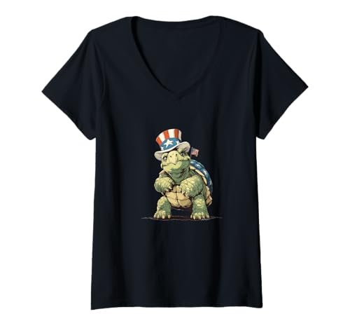 Damen Toller Schildkröten-Look mit lustiger US-Kleidung T-Shirt mit V-Ausschnitt von Patriotic Turtle Outfit