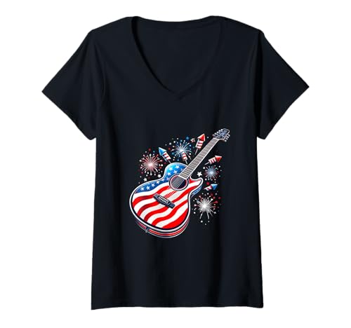 Damen Red White Blue Guitar USA Flag Firework 4th of July T-Shirt mit V-Ausschnitt von Patriotic USA American Flag fo Music Lovers