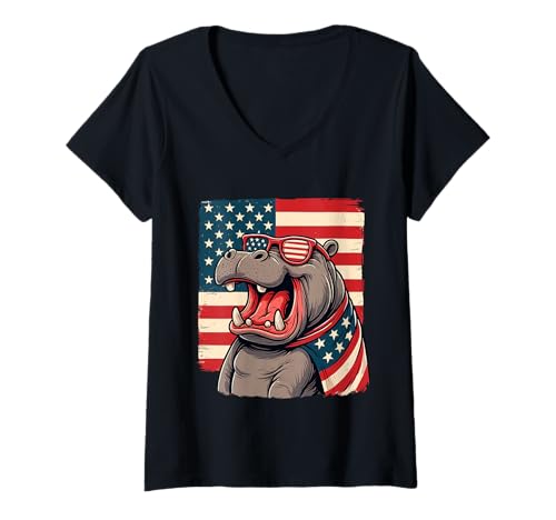 Damen Vintage Hippo Patriotische Nilpferd Sonnenbrille USA Amerikanische Flagge T-Shirt mit V-Ausschnitt Damen Vintage Hippo Patriotische Nilpferd Sonnenbrille USA Amerikanische Flagge T-Shirt mit V-Ausschnitt von Patriotic Vintage Hippo USA Flag USA Lover Apparel