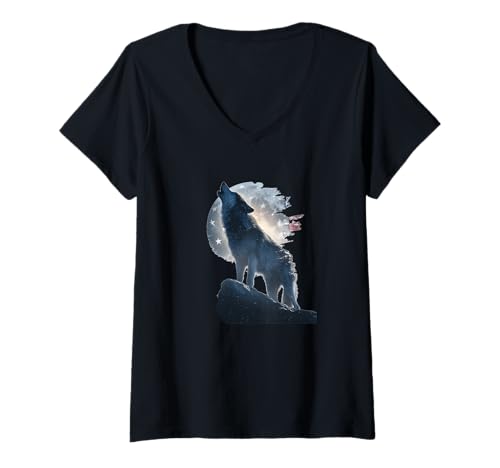 Damen Bold Wolf Steht hoch hinter US-Farben Kostüm T-Shirt mit V-Ausschnitt von Patriotic Wolf Outfit