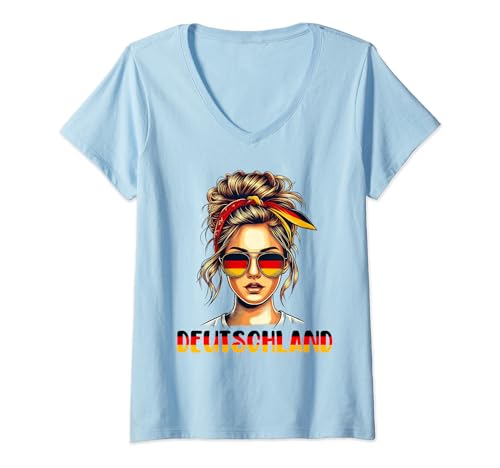 Damen Deutschland Mädchen tragen Sonnenbrille Deutschland Flagge T-Shirt mit V-Ausschnitt von Patriotisch Deutschland Liebhaber Mädchen Frau