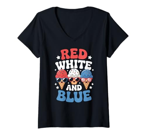 Damen Rotes Weißes Und Blaues EIS Unabhängigkeitstag Stolz Kawaii T-Shirt mit V-Ausschnitt Damen Rotes Weißes Und Blaues EIS Unabhängigkeitstag Stolz Kawaii T-Shirt mit V-Ausschnitt von Patriotische Eiswaffel Sommer 4. Juli Usa