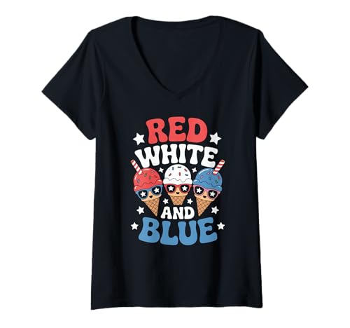 Damen Rotes Weißes Und Blaues EIS Unabhängigkeitstag Stolz Kawaii T-Shirt mit V-Ausschnitt Damen Rotes Weißes Und Blaues EIS Unabhängigkeitstag Stolz Kawaii T-Shirt mit V-Ausschnitt von Patriotische Eiswaffel Sommer 4. Juli Usa