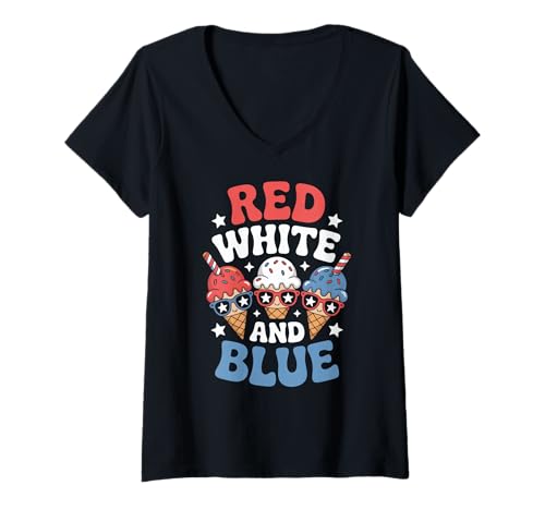 Damen Rotes Weißes Und Blaues EIS Unabhängigkeitstag Stolz Kawaii T-Shirt mit V-Ausschnitt Damen Rotes Weißes Und Blaues EIS Unabhängigkeitstag Stolz Kawaii T-Shirt mit V-Ausschnitt von Patriotische Eiswaffel Sommer 4. Juli Usa