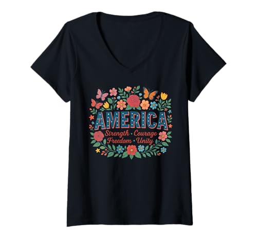Damen America – Strength Courage Freedom Unity Retro Design T-Shirt mit V-Ausschnitt Damen America – Strength Courage Freedom Unity Retro Design T-Shirt mit V-Ausschnitt von Patriotische Retro Mode