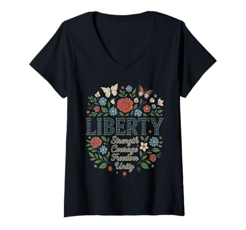 Damen Neu Liberty – Strength Courage Freedom Unity Retro Design T-Shirt mit V-Ausschnitt Damen Neu Liberty – Strength Courage Freedom Unity Retro Design T-Shirt mit V-Ausschnitt von Patriotische Retro Mode 2025