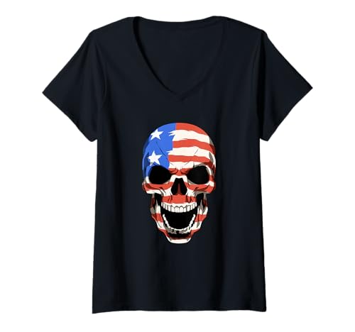 Damen Patriotischer amerikanischer Totenkopf USA T-Shirt mit V-Ausschnitt von Patriotische USA T-Shirts - Männer USA Tee