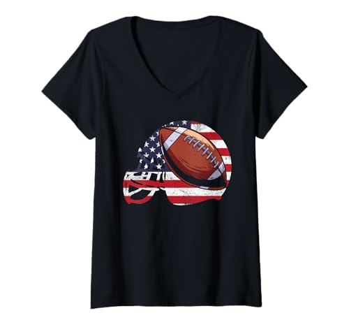 Damen American Football Helm Ball US Flagge T-Shirt mit V-Ausschnitt Damen American Football Helm Ball US Flagge T-Shirt mit V-Ausschnitt von Patriotischer Football Spieler