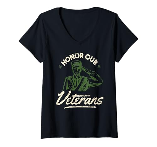 Damen Ehrt unsere Veteranen Militär Tribut salutierender Soldat T-Shirt mit V-Ausschnitt von Patriotischer Respekt für Militärdienst