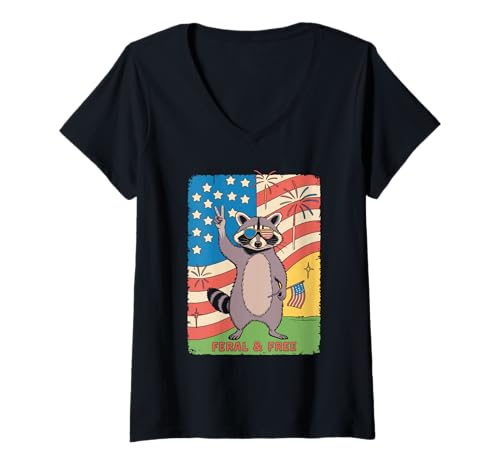 Damen Feral and Free Waschbär USA Flagge Peace Fireworks Juli T-Shirt mit V-Ausschnitt Damen Feral and Free Waschbär USA Flagge Peace Fireworks Juli T-Shirt mit V-Ausschnitt von Patriotischer Waschbär Feral And Free Humor Sommer