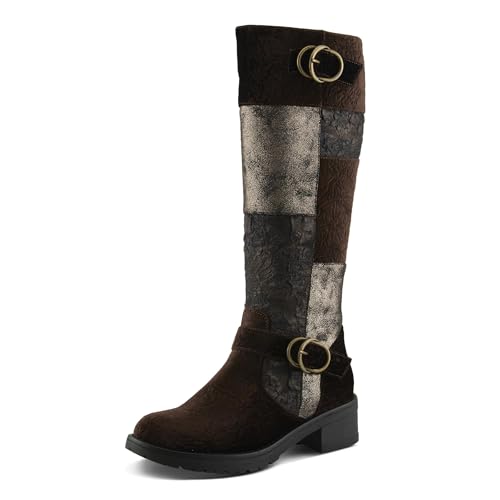 PATRIZIA COLLAGE-VIV Damen Hohe Stiefel - Samt & Mischtextil Patchwork Kniehohe Stiefel mit Schnallenakzenten & niedrigem gestapeltem Absatz, Schokolade Multi, 7.5-8 von Patrizia