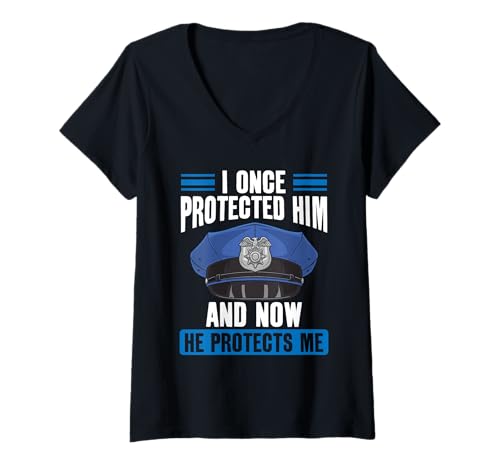 Damen Polizist Ich Habe ihn einmal beschützt und jetzt beschützt er Mich T-Shirt mit V-Ausschnitt Damen Polizist Ich Habe ihn einmal beschützt und jetzt beschützt er Mich T-Shirt mit V-Ausschnitt von Patrol Badge Honor Support Police Officer Blue