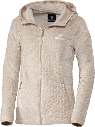 PATSY & LOU Fleecejacke Damen, Warmer Hoody mit Kapuze, leicht taillierte Übergangsjacke, kuschelig weiche Teddy Outdoor-Jacke, Beige, Gr. 46 von Patsy&Lou