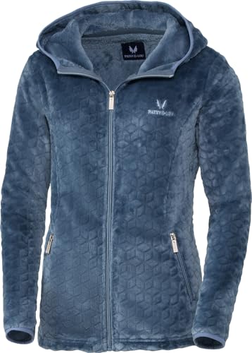 PATSY & LOU Fleecejacke Damen, Warmer Hoody mit Kapuze, leicht taillierte Übergangsjacke, kuschelig weiche Teddy Outdoor-Jacke, Mittelblau, Gr. 44 von Patsy&Lou