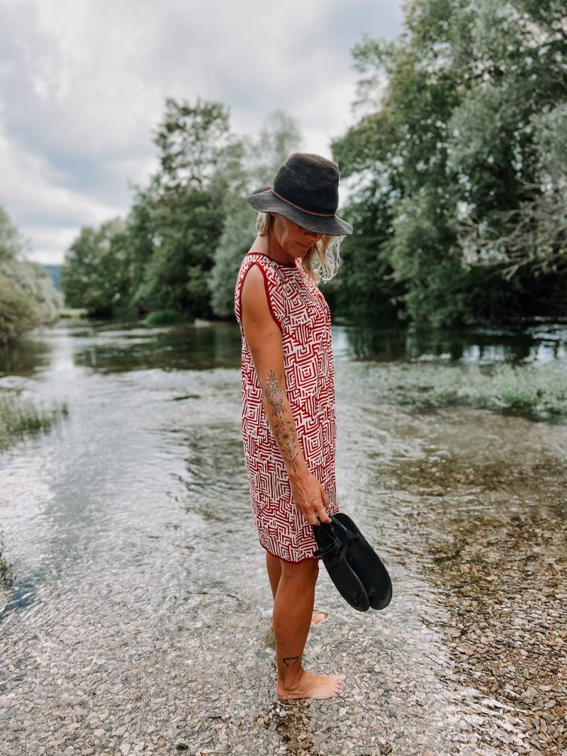 Blockdruck | Tunika Kleid Taschen Rot Und Weiß Gemustert von PatsyClothing