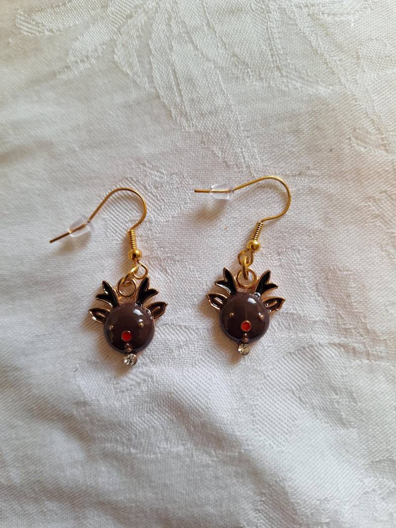 Ohrrringe Ohrhaken Ohrhänger Rentier Mit Roter Nase Lustig - Handarbeit von PattysKartenwelt