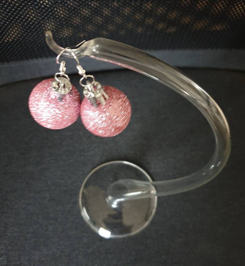 Ohrrringe Ohrhaken Ohrhänger Weihnachtsbaumkugel Pink Mit Glitzer Groß - Handarbeit von PattysKartenwelt