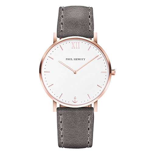 PAUL HEWITT Armbanduhr Damen Sailor Line White Sand - Damen Uhr (Rosegold), Damenuhr mit Lederarmband in Grau, weißes Ziffernblatt von PAUL HEWITT