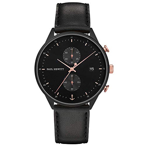 PAUL HEWITT Chronograph Herren oder Damen Chrono Line Black Sunray - Chronograph Edelstahl (Schwarz) mit Stoppuhr und Lederarmband (Schwarz) für Männer oder Frauen, schwarzes Ziffernblatt von PAUL HEWITT