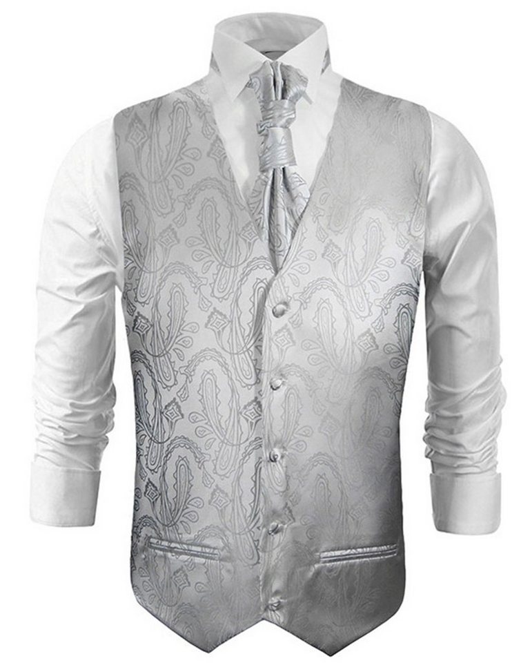 Paul Malone Anzugweste Herren Hochzeitsweste mit Plastron Set 2tlg paisley - Bräutigam (Set, 2-tlg., mit Weste und Plastron) silber grau V3, Gr. 50 (S) von Paul Malone