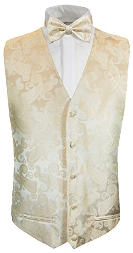 Paul Malone Hochzeitsweste + Fliege Creme Paisley - Hochzeit Herren Weste Gr. 46/48 XS von Paul Malone