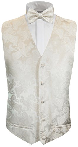 Paul Malone Hochzeitsweste + Fliege Ivory Elfenbein Paisley - Hochzeit Herren Weste Gr. 64 5XL von Paul Malone