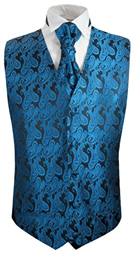 Paul Malone Hochzeitsweste + Plastron schwarz Petrol Paisley - Hochzeit Herren Weste Gr. 60 3XL von Paul Malone