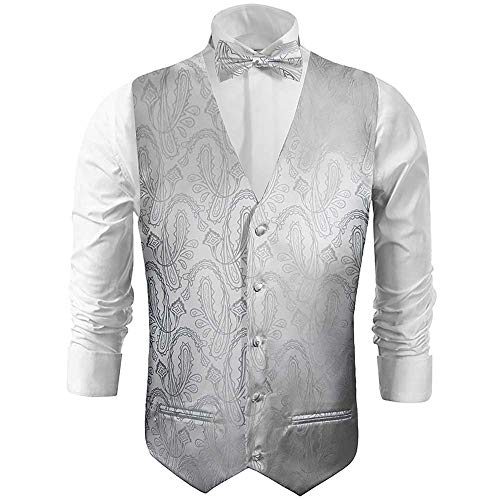 Paul Malone Hochzeitsweste mit Fliege Silber Paisley - Herren Hochzeit Weste Gr. 62 4XL von Paul Malone