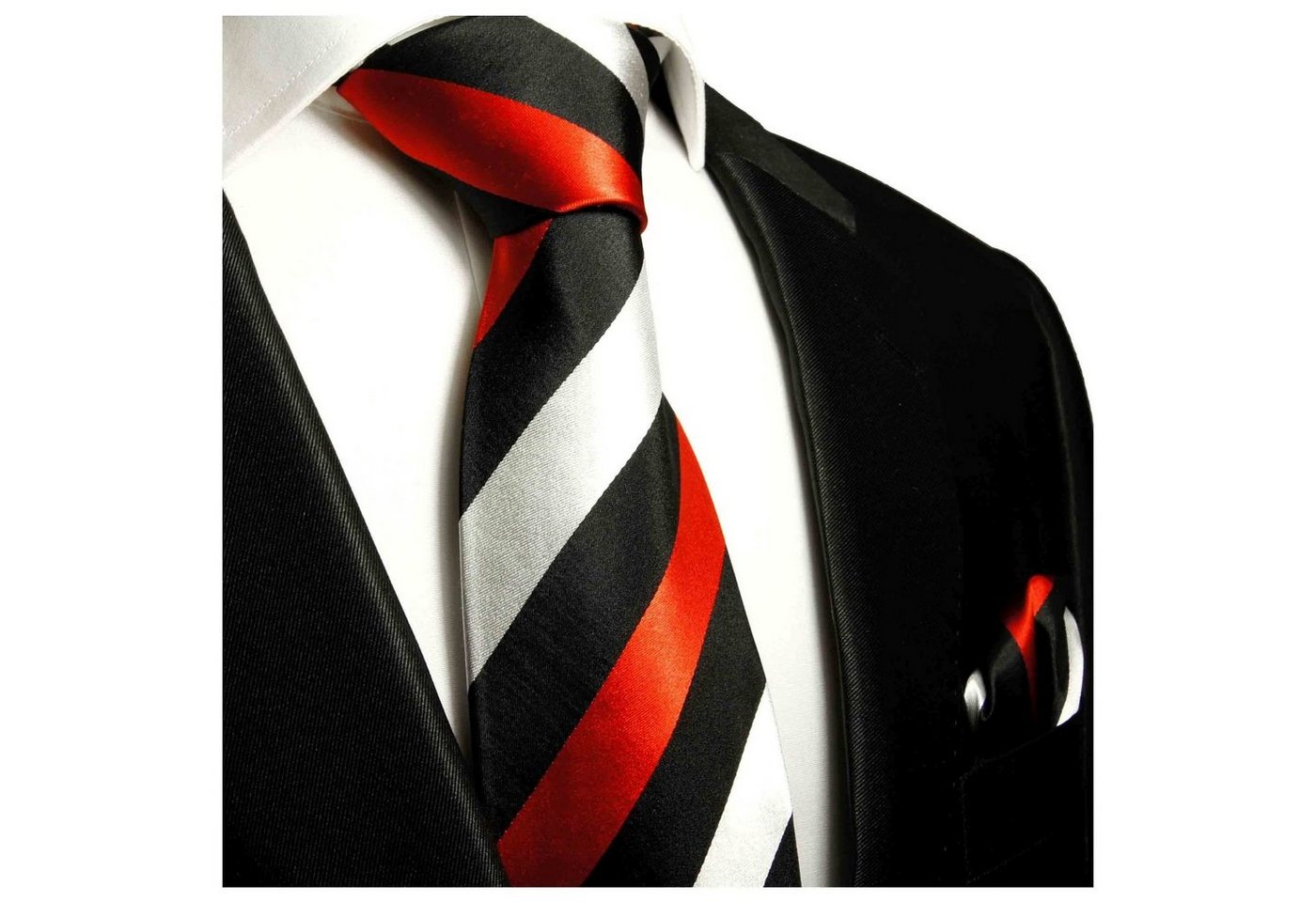 Paul Malone Krawatte Designer Herren Seidenkrawatte mit Tuch Business gestreift 100% Seide (Set, 2-St., Krawatte mit Einstecktuch) Schmal (6cm), rot schwarz silber 410 von Paul Malone