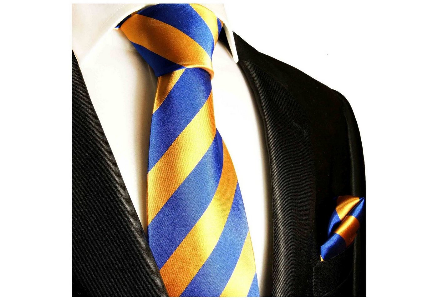 Paul Malone Krawatte Designer Herren Seidenkrawatte mit Tuch breit gestreift 100% Seide (Set, 2-St., Krawatte mit Einstecktuch) Breit (8cm), orange blau 409 von Paul Malone