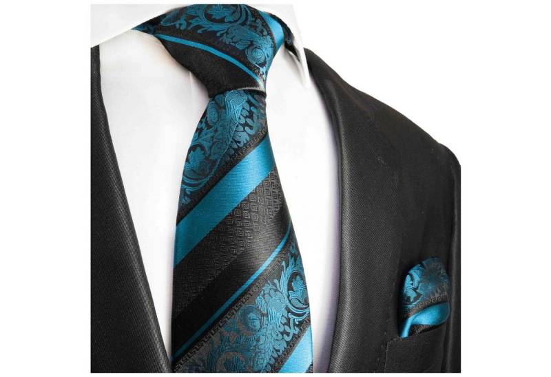 Paul Malone Krawatte Herren Seidenkrawatte Schlips mit Tuch barock gestreift 100% Seide (Set, 2-St., Krawatte mit Einstecktuch) Breit (8cm), aqua blau schwarz 2036 von Paul Malone