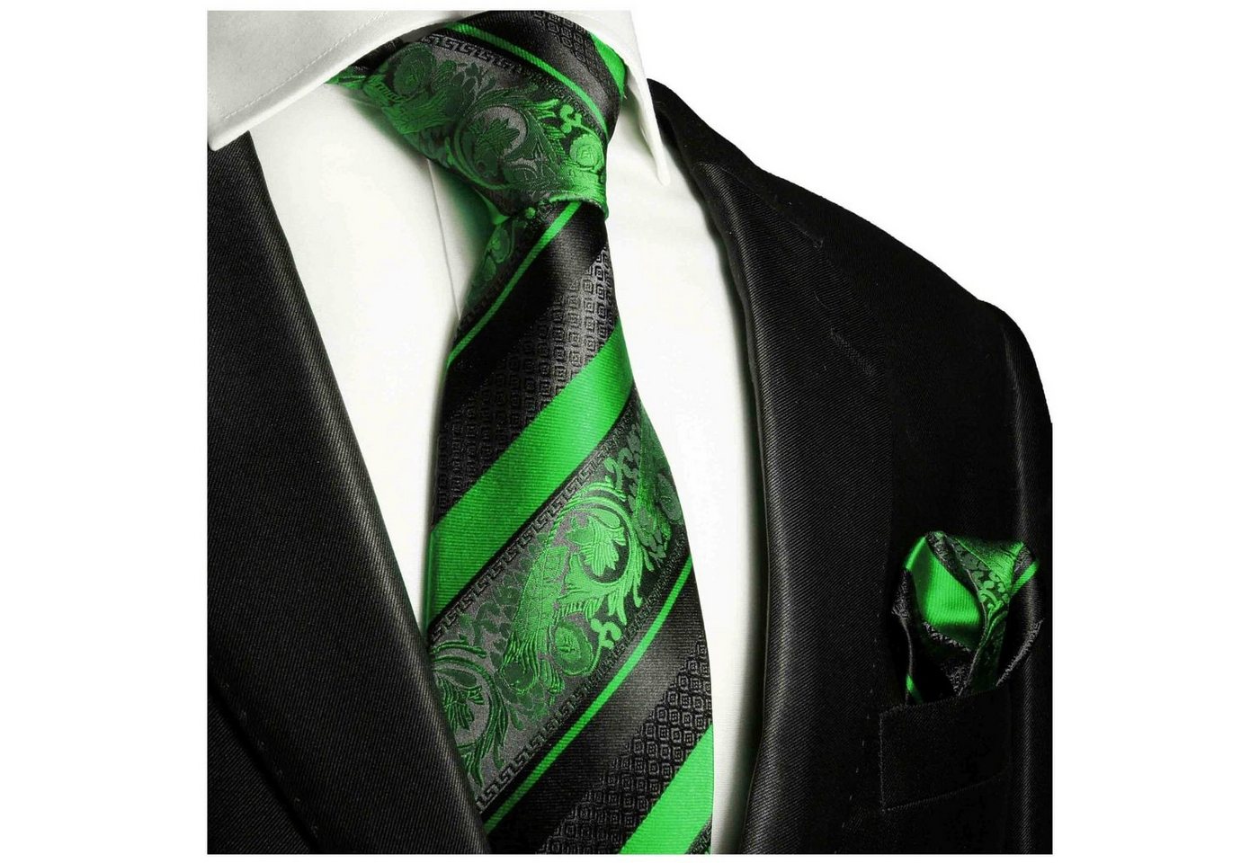 Paul Malone Krawatte Herren Seidenkrawatte Schlips mit Tuch barock gestreift 100% Seide (Set, 2-St., Krawatte mit Einstecktuch) Schmal (6cm), grün schwarz 494 von Paul Malone
