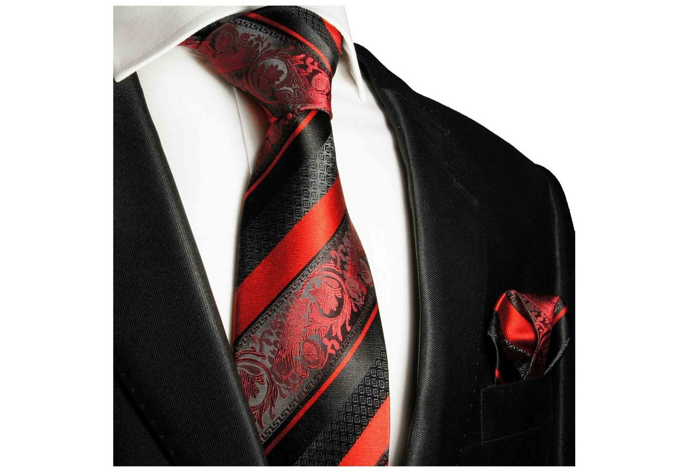 Paul Malone Krawatte Herren Seidenkrawatte Schlips mit Tuch barock gestreift 100% Seide (Set, 2-St., Krawatte mit Einstecktuch) Schmal (6cm), rot schwarz 383 von Paul Malone